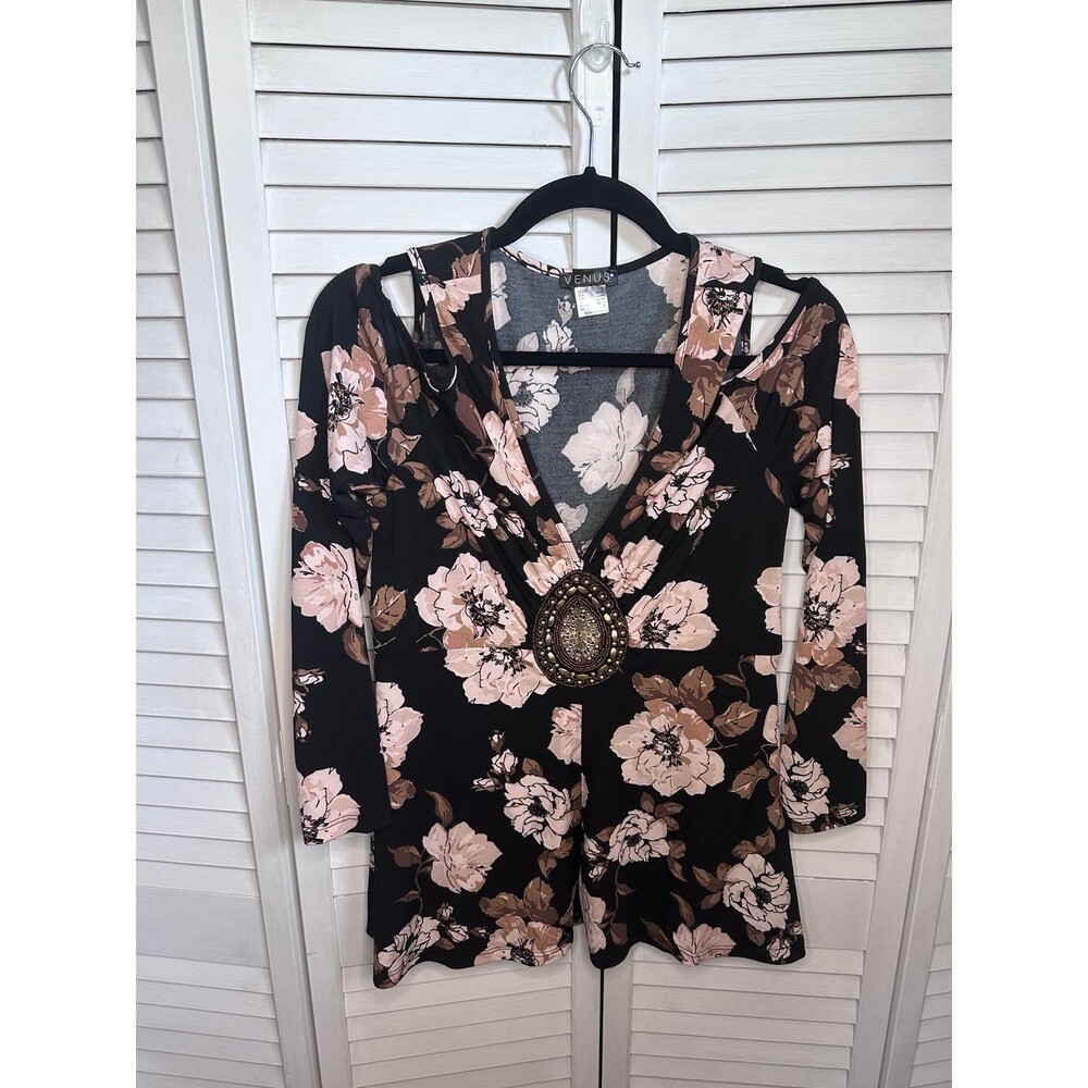VENUS Floral Cold Shoulder Mini Dress Black Pink Size M